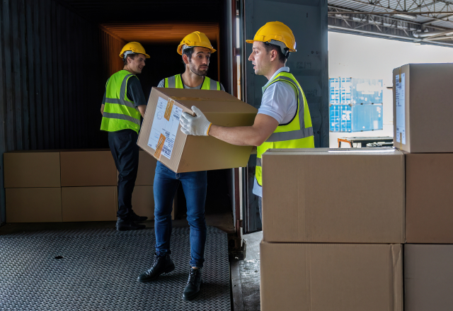 workers moving cardboard boxes