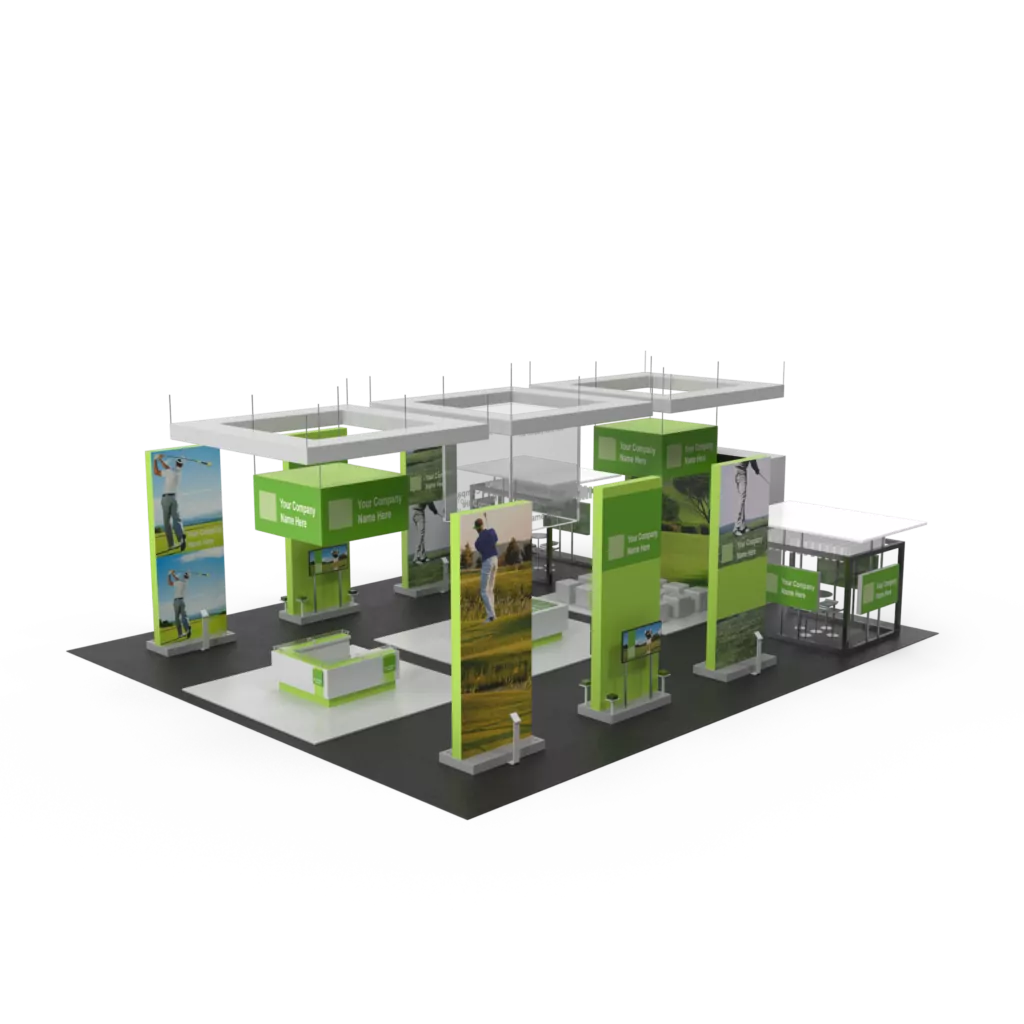 A modular trade show booth with customizable panels, LED lighting, and branded graphics, designed for a professional event setup.