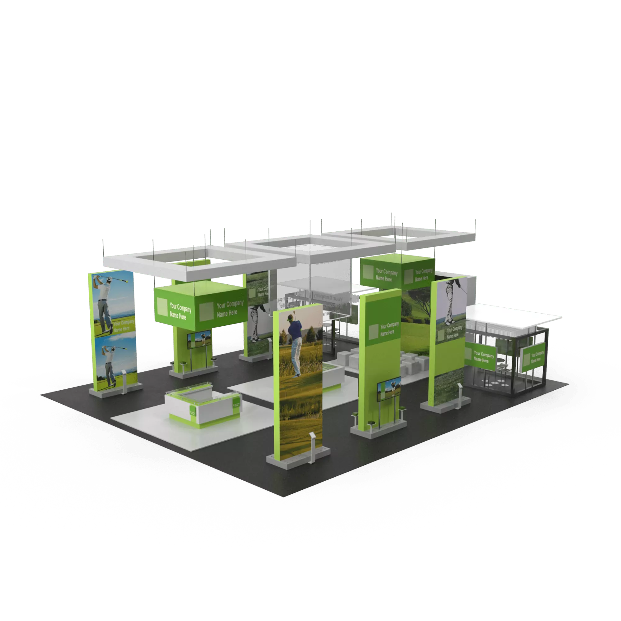 A modular trade show booth with customizable panels, LED lighting, and branded graphics, designed for a professional event setup.