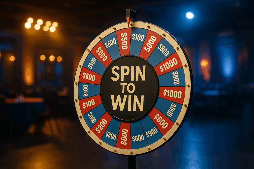 Close-up of a colorful interactive prize wheel with cash prizes in a dimly lit event venue