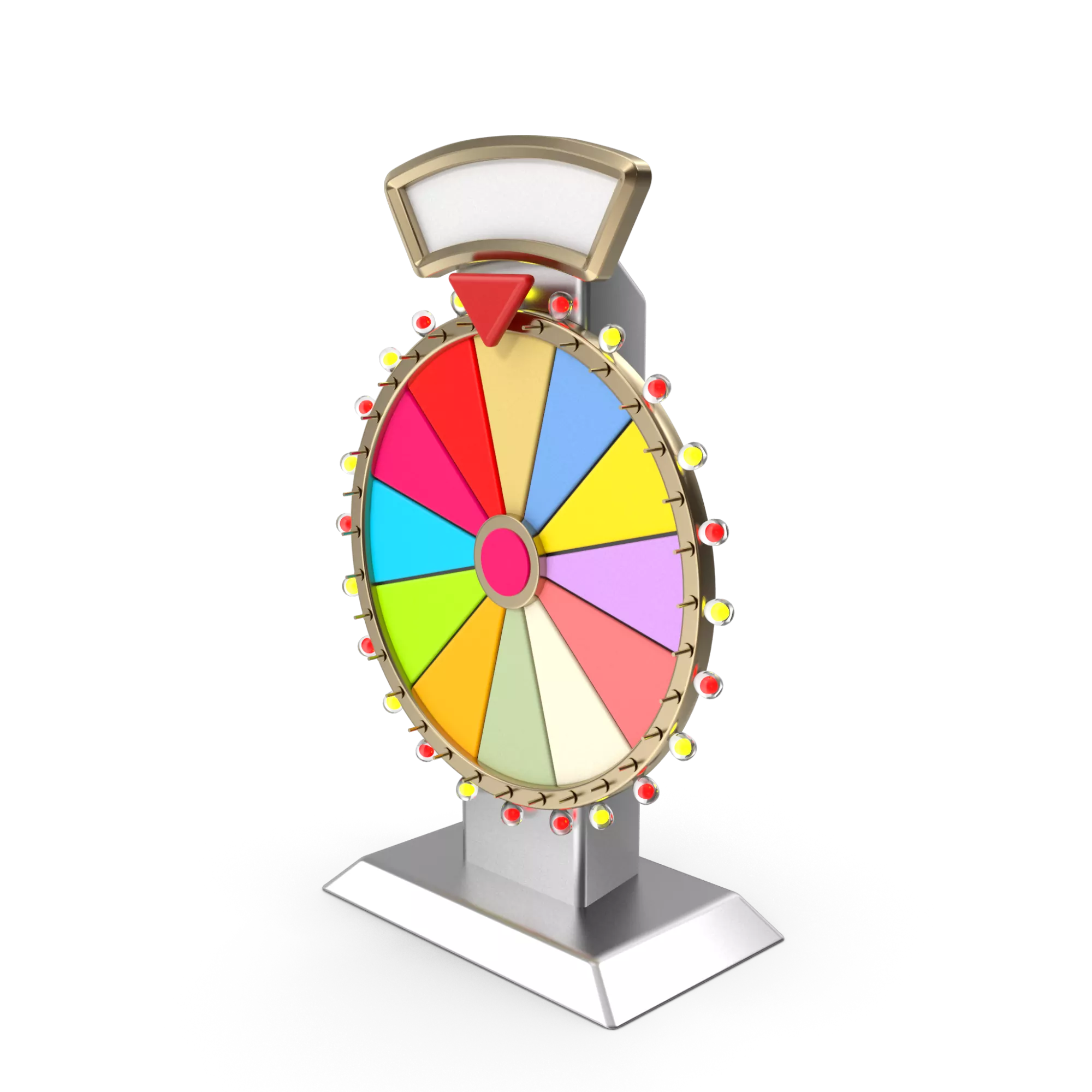 Colorful digital prize wheel with vibrant segments and arrow pointing to a prize