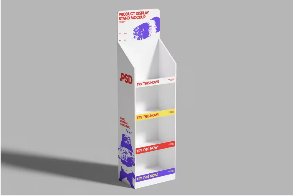 Empty free standing product display stand mockup with vibrant shelf labels