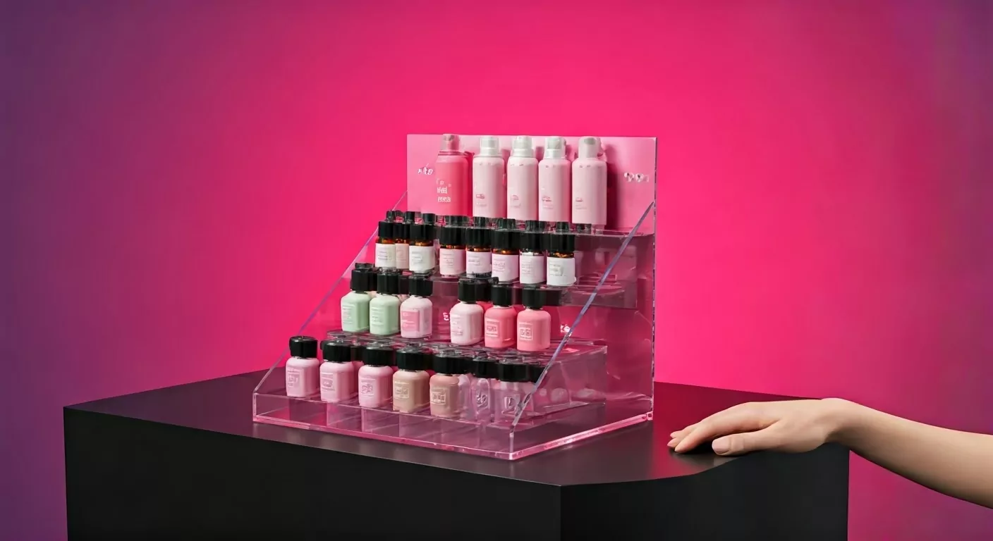 A custom-branded countertop display showcasing various pink and white cosmetic bottles.