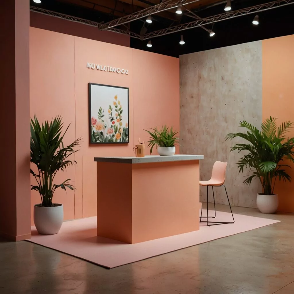 Custom pastel-themed tradeshow booth with plants, art, and minimalist decor