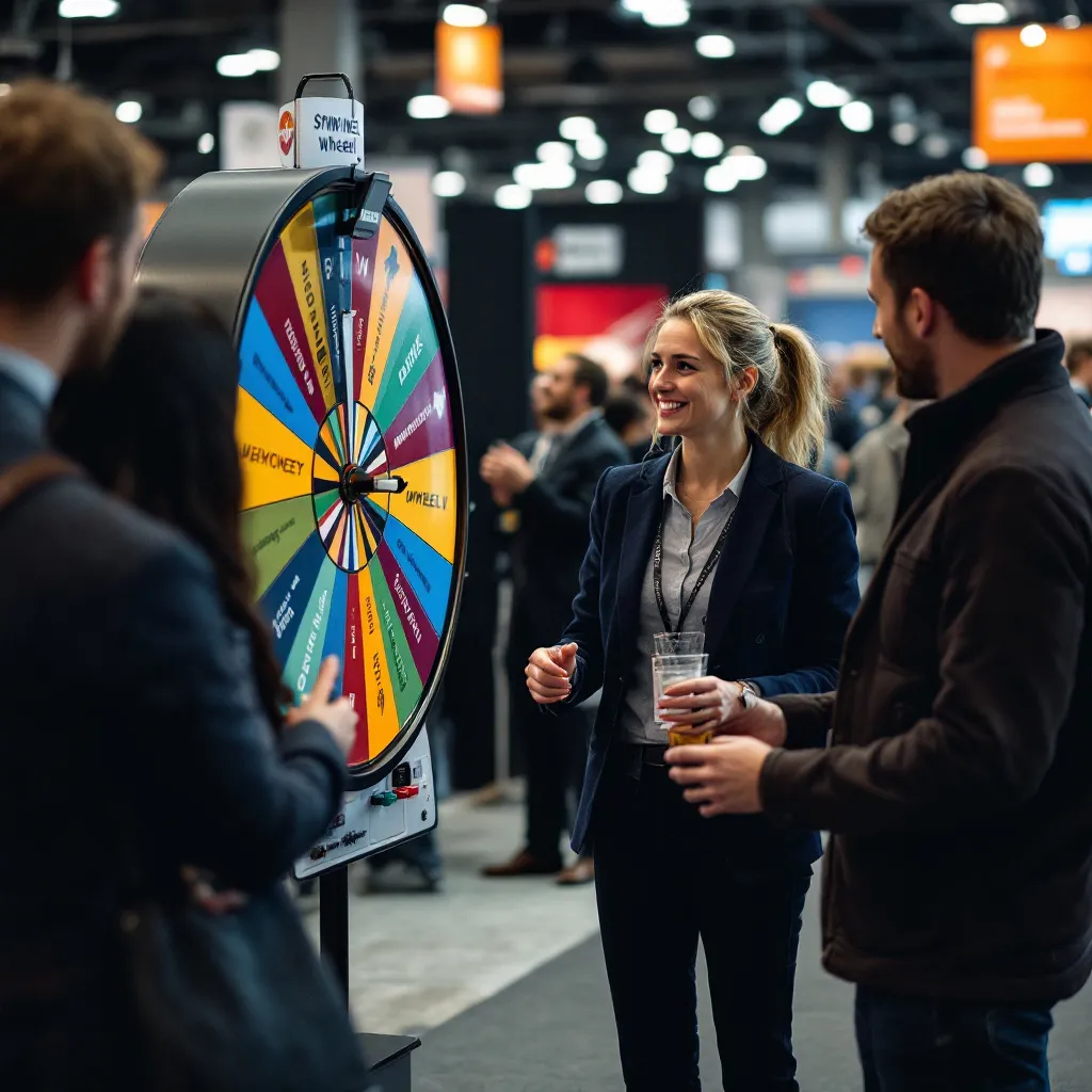 People engaging with a branded prize wheel game at a custom tradeshow booth