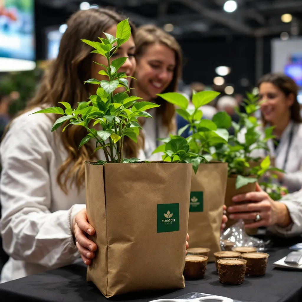 People handing out custom-branded plant giveaways in paper bags at a promotional event