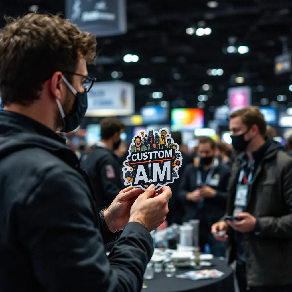 Person holding a custom vinyl sticker labeled “Custom AIM” at a busy tradeshow booth
