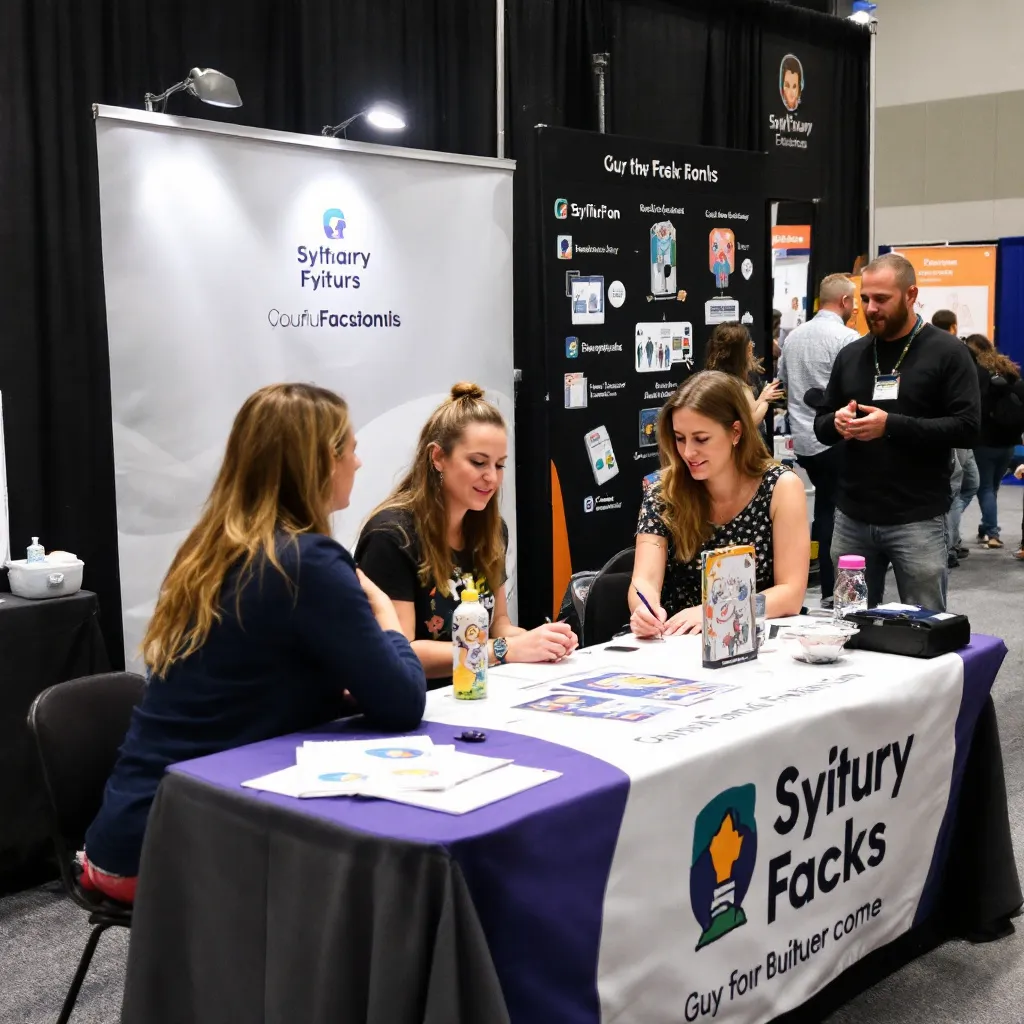 Customized promo table with branded tablecloth and marketing materials at a tradeshow booth