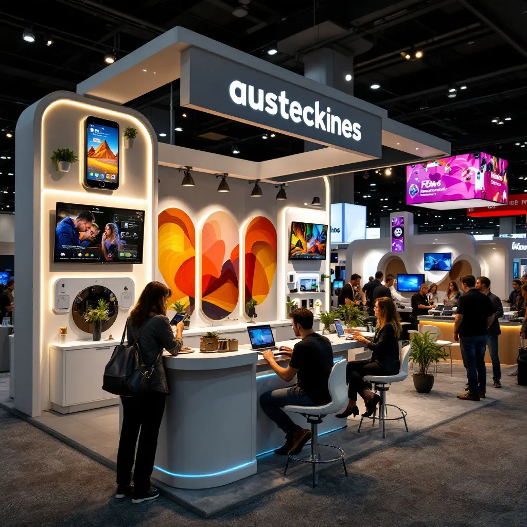 Custom tradeshow booth with digital product displays, seating, and vibrant branding elements