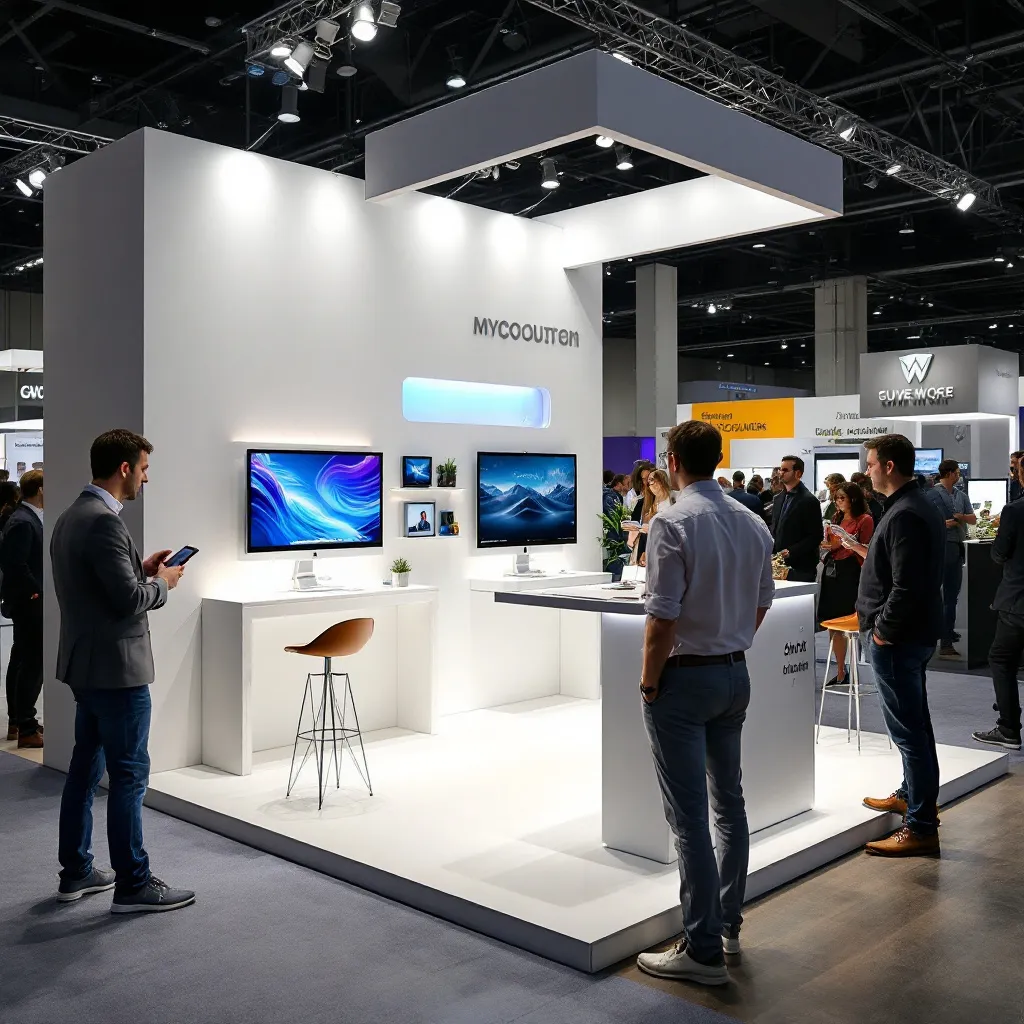 Modern custom tradeshow stand with digital screens and clean white minimalist layout
