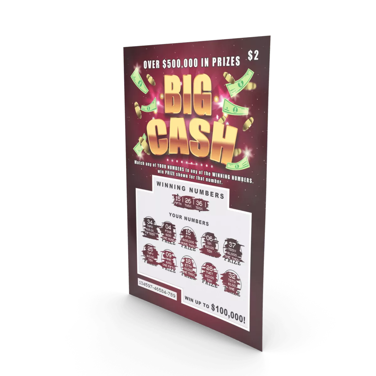 Digital scratch and win game showcasing $500,000 prize with winning numbers and potential rewards