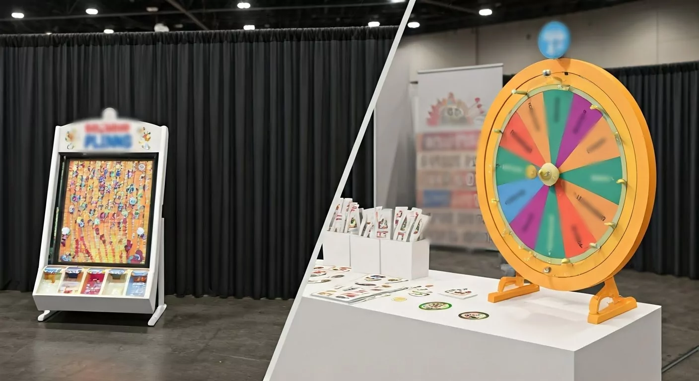 Side-by-side comparison of a Plinko board and a prize wheel at a promotional event booth with branded giveaways.
