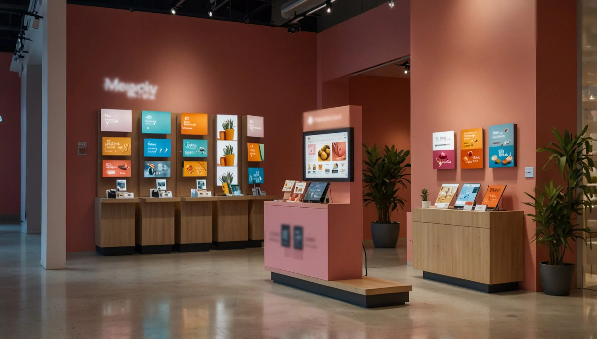 Modern retail space featuring interactive point-of-purchase displays with digital screens and product signage