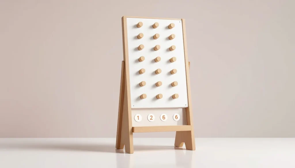 Plinko board with numbered slots at the bottom, placed on a white table against a beige background.