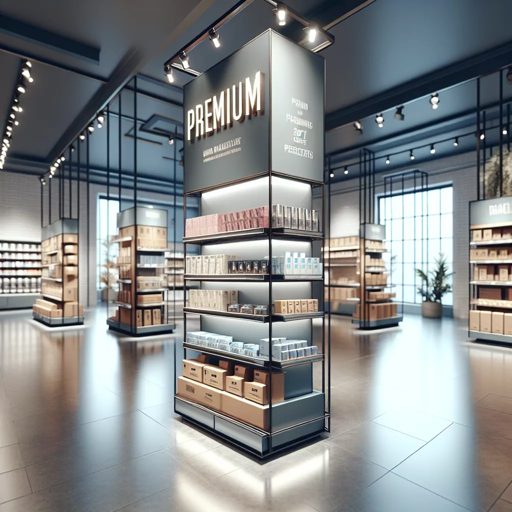 Premium shelf display filled with boxed goods in a sleek, well-lit retail environment