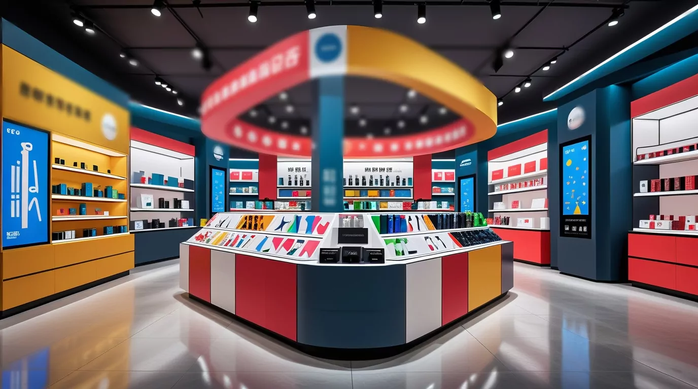 Colourful custom retail display shelves with modern product packaging in a well-lit store