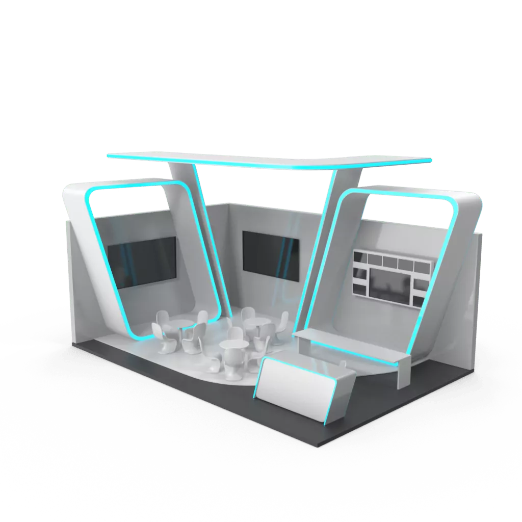 Sleek modular booth setup at a trade show, featuring customizable panels, branded graphics, and interactive digital displays.