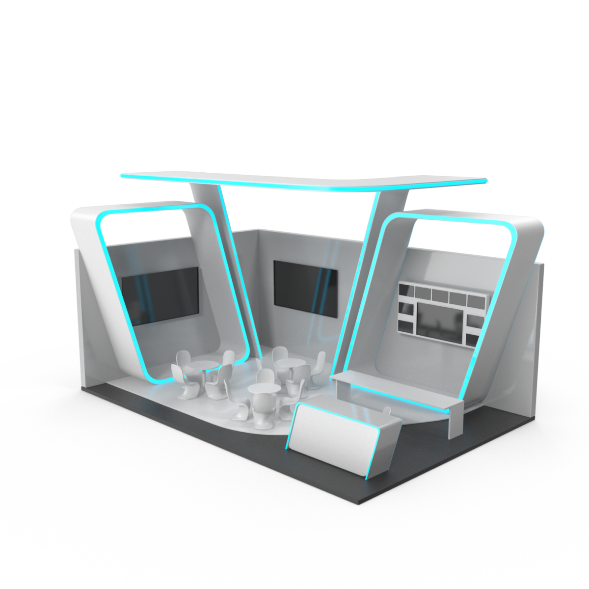 Sleek modular booth setup at a trade show, featuring customizable panels, branded graphics, and interactive digital displays.