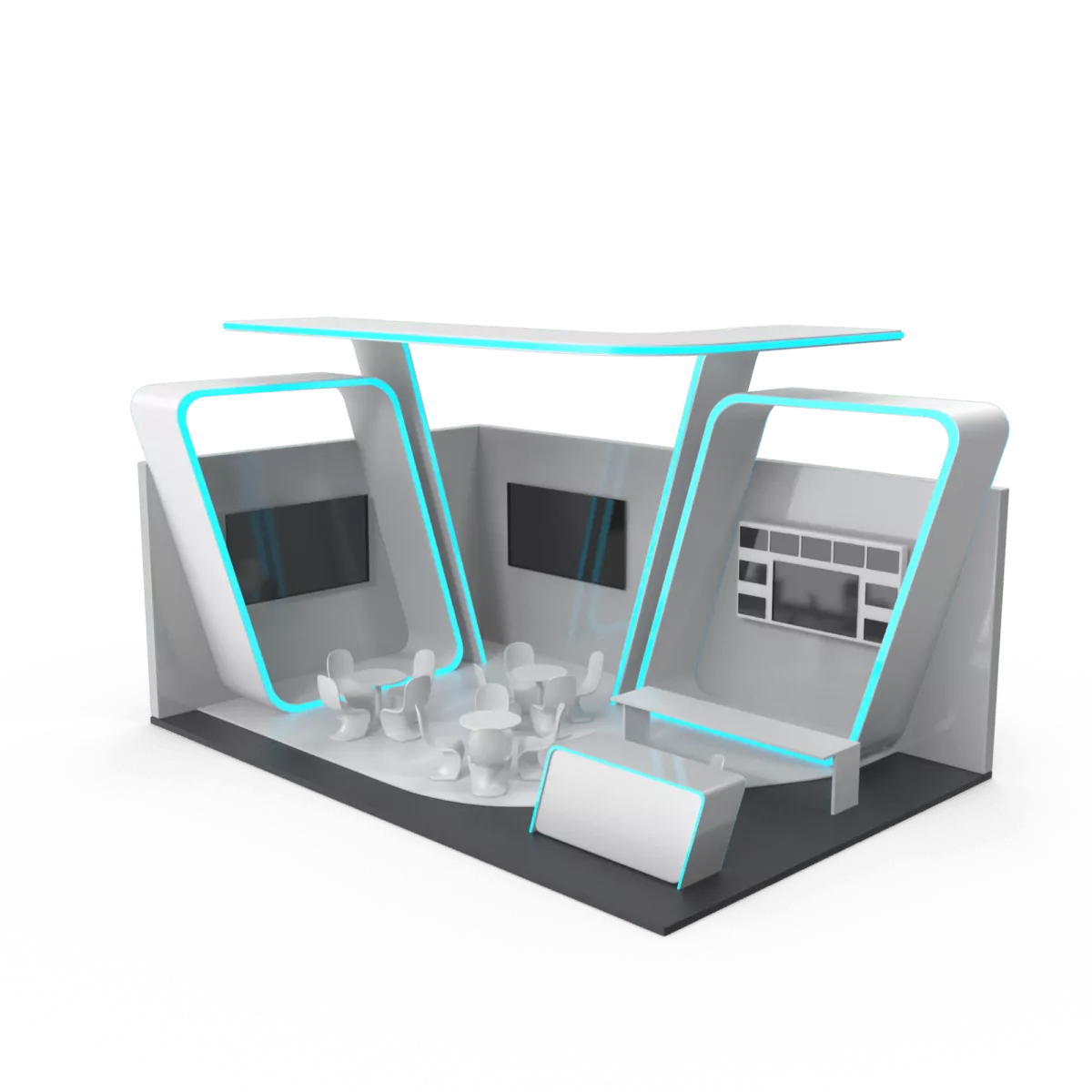 Sleek modular booth setup at a trade show, featuring customizable panels, branded graphics, and interactive digital displays.