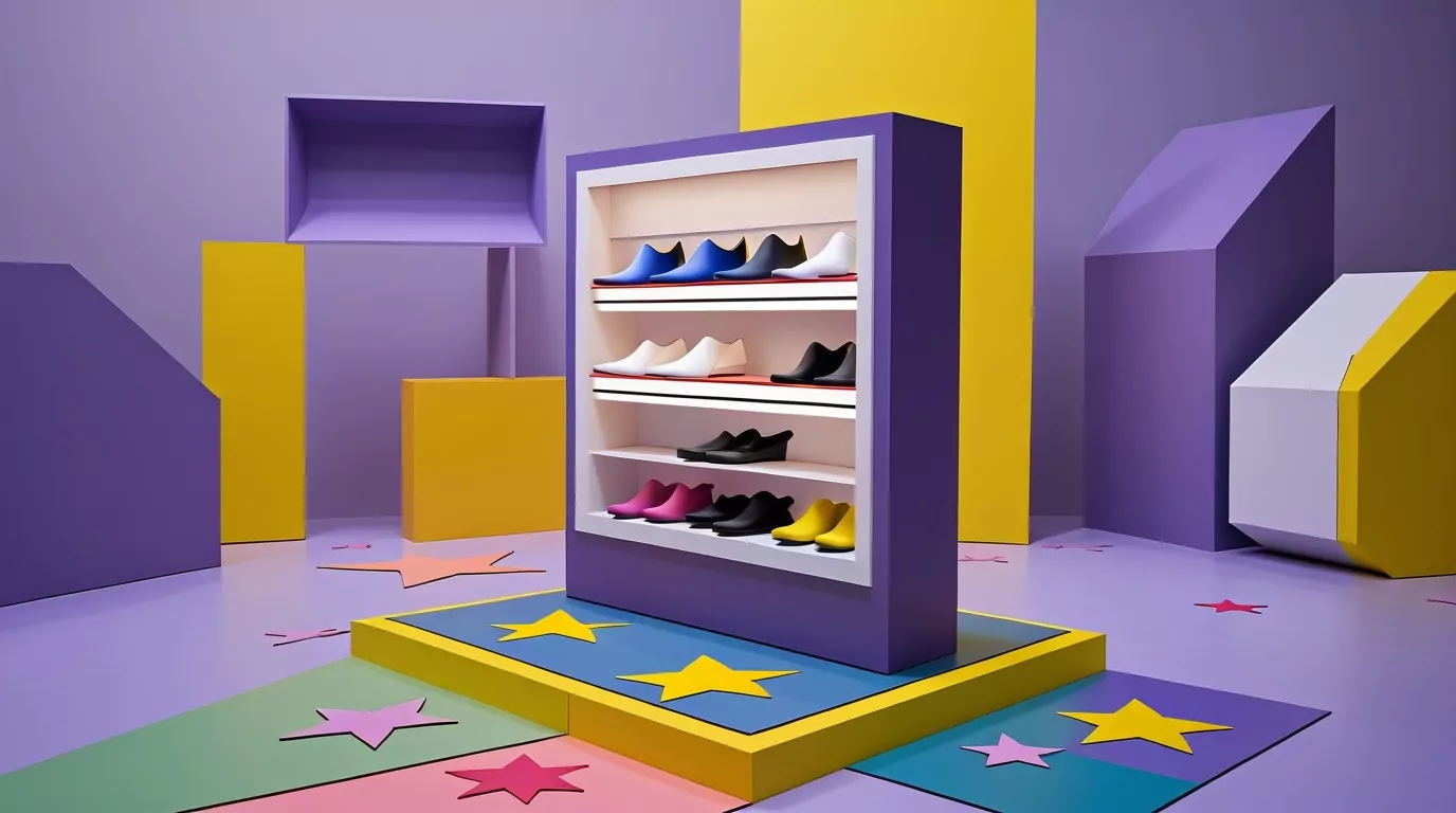 A vibrant POP display showcasing colorful shoes in a playful, geometric environment.