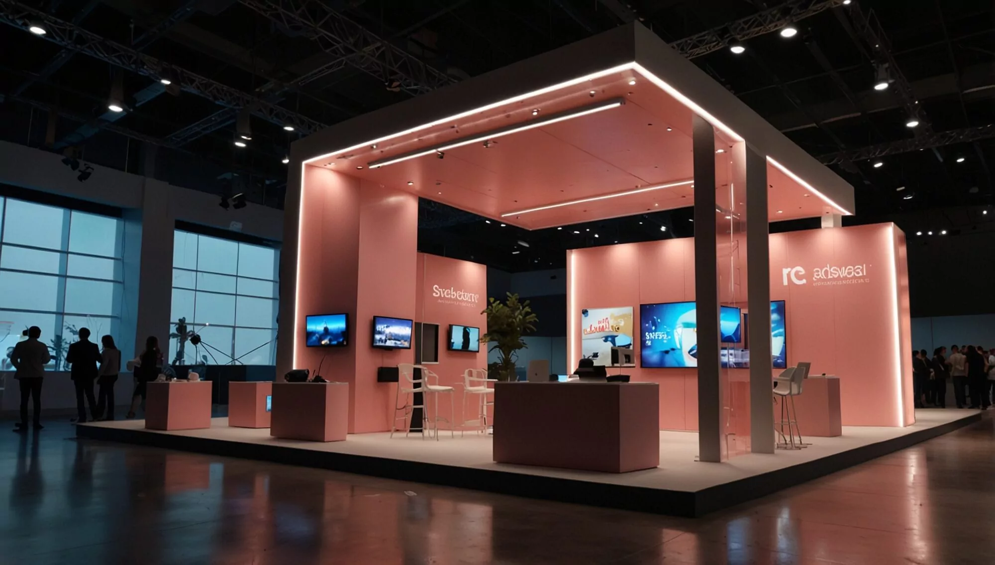 Custom trade show display with branded visuals, product counters, and LED lighting at an exhibition hall.