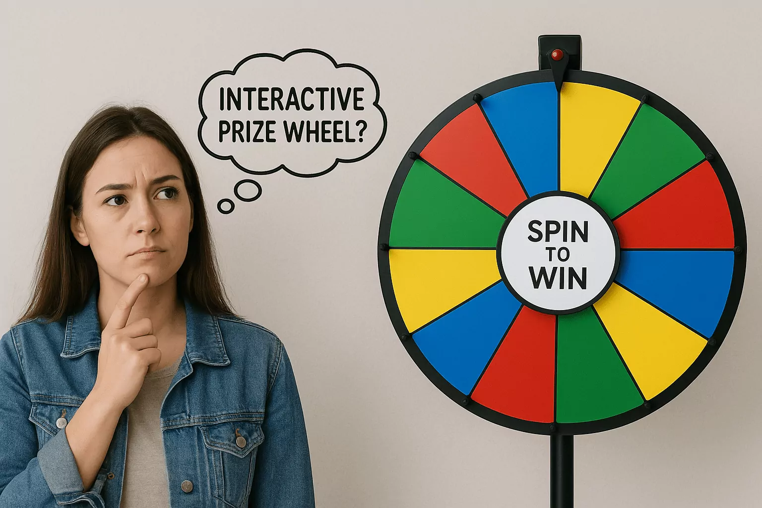 A young woman in a denim jacket looks thoughtful with a "Spin to Win" interactive prize wheel beside her and a thought bubble that says "Interactive Prize Wheel?"