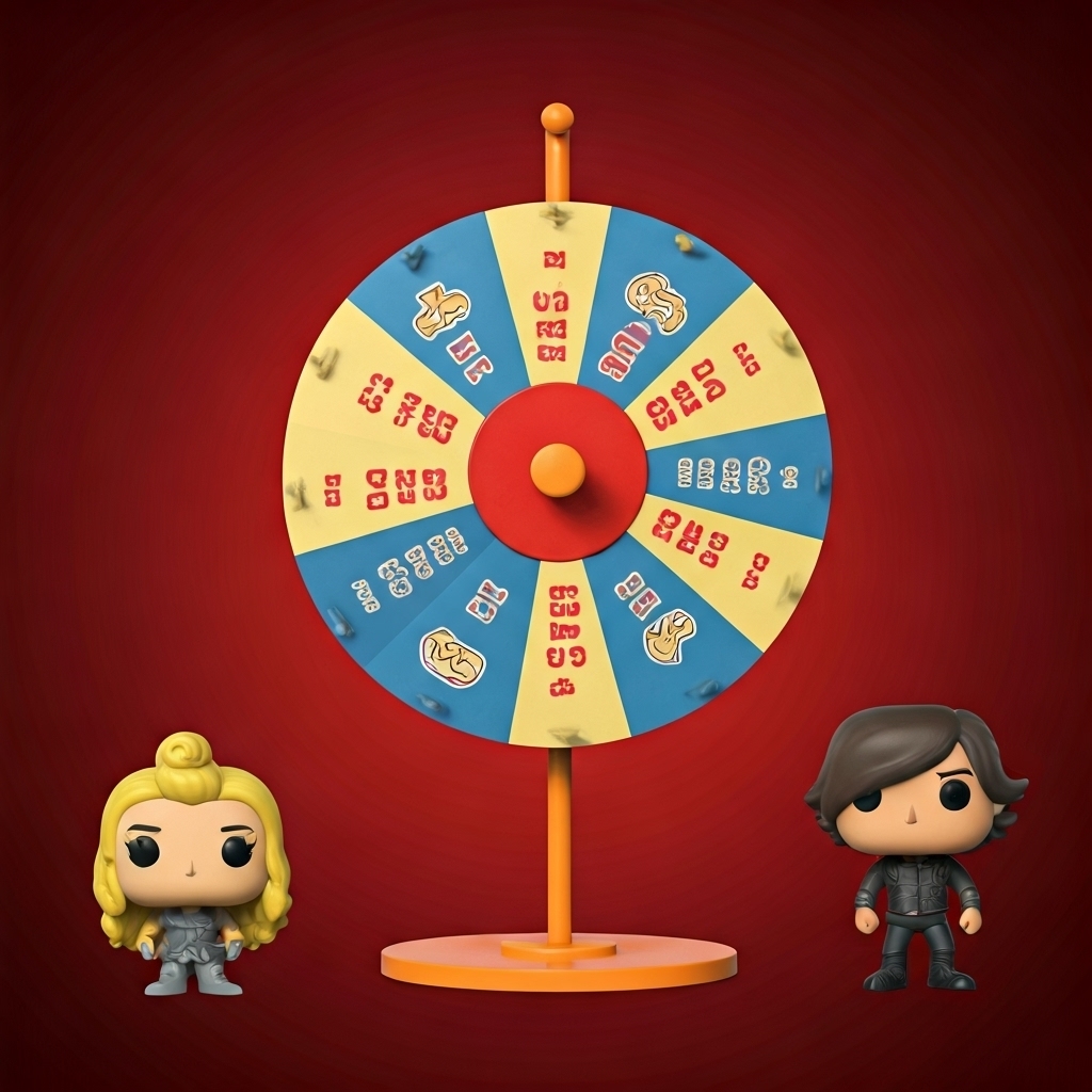 Interactive prize wheel with collectible figures boosting event traffic on red background