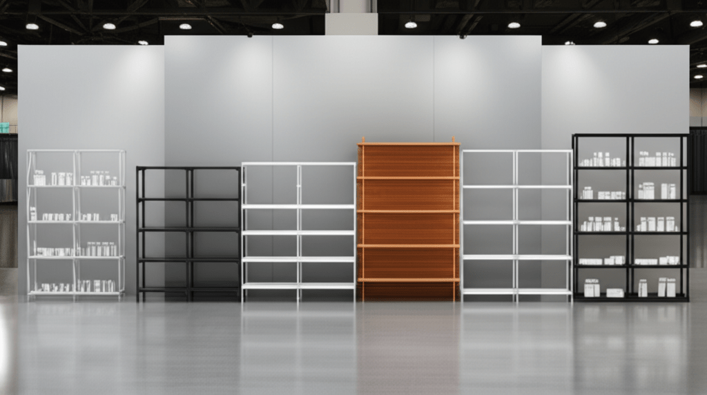 Shelving units of different materials on display at a tradeshow booth