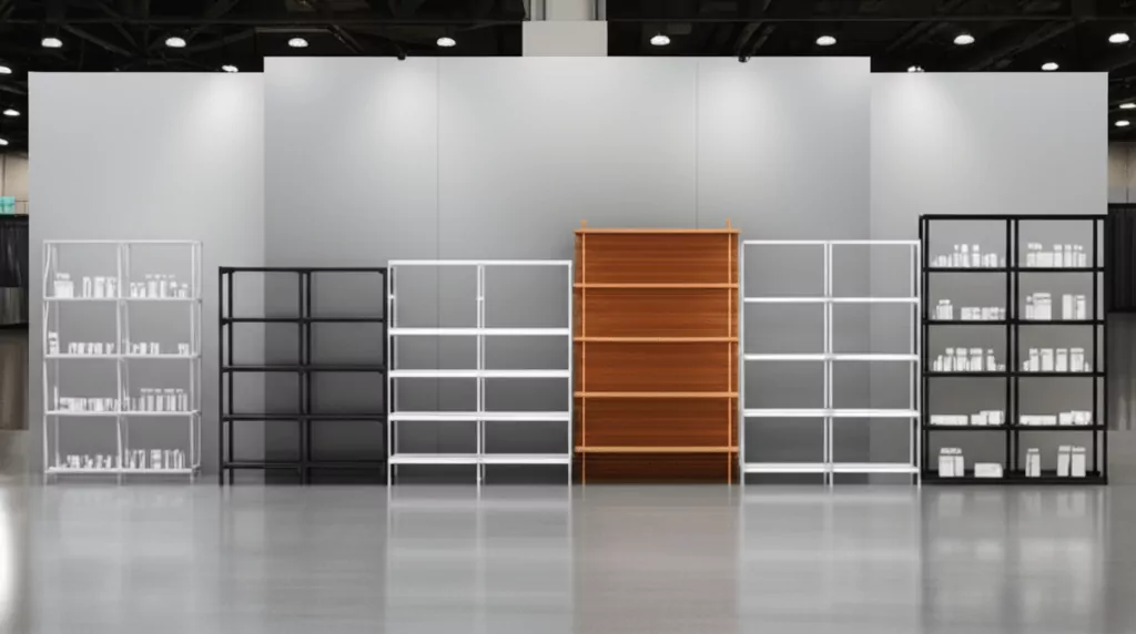 Shelving units of different materials on display at a tradeshow booth
