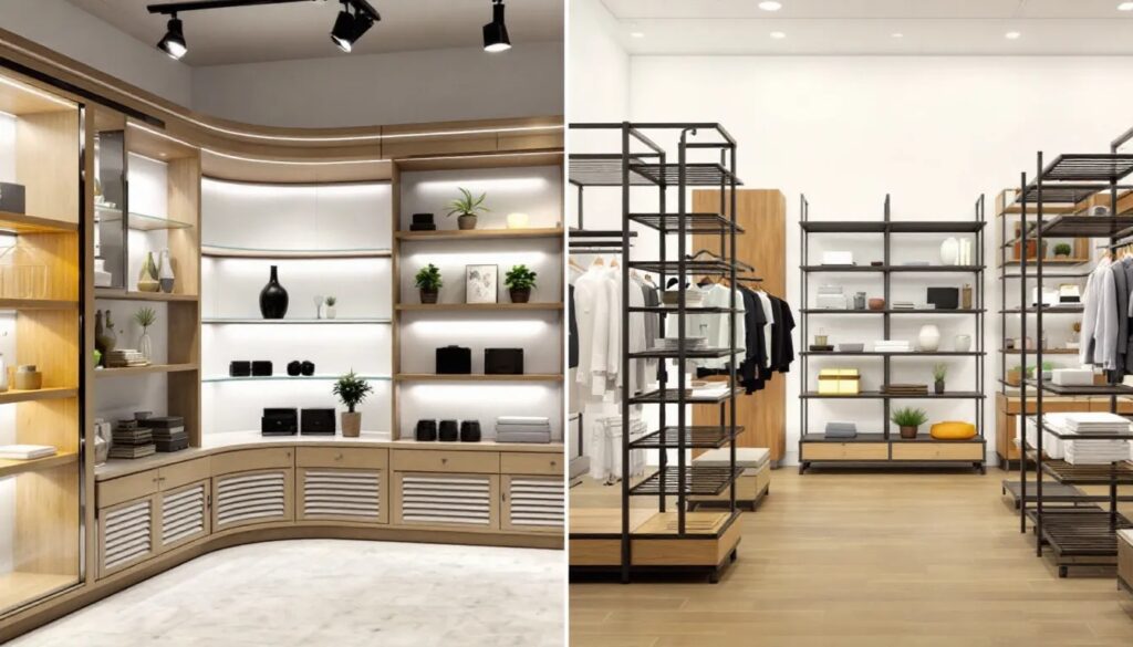Side-by-side comparison of custom shelving and prefab retail racks for merchandise display