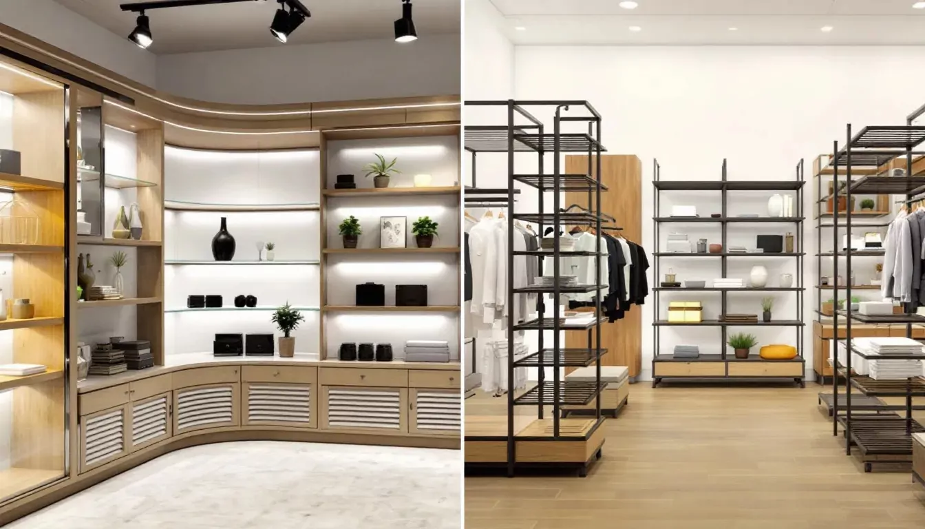 Side-by-side comparison of custom shelving and prefab retail racks for merchandise display