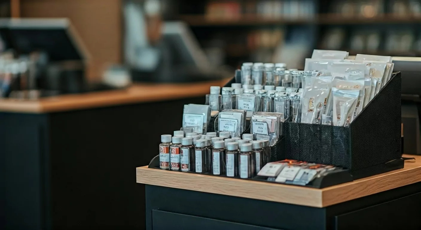 Counter display showcasing packaged retail products for impulse buys near checkout.