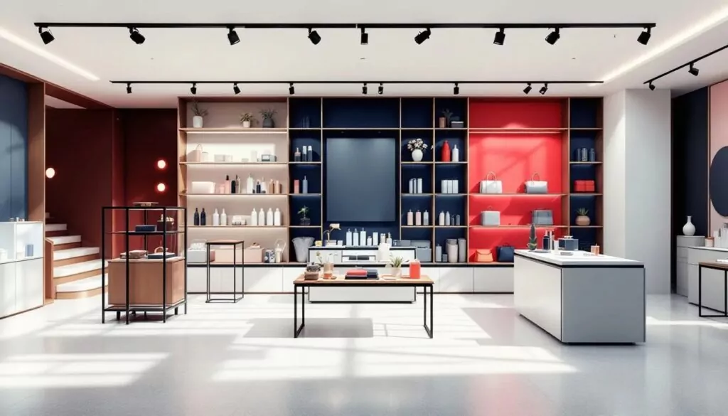 Modern retail showroom with multiple product lines displayed on shelves and tables.