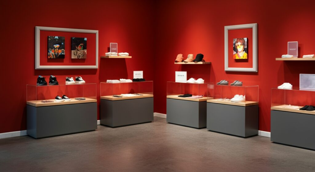 Retail wall-mounted merchandising displays showcasing shoes, apparel, and accessories in a modern store.