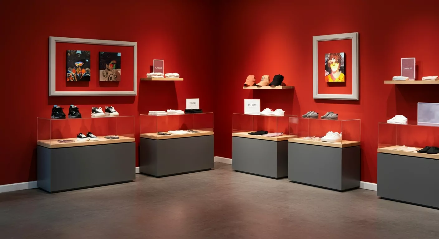 Retail wall-mounted merchandising displays showcasing shoes, apparel, and accessories in a modern store.