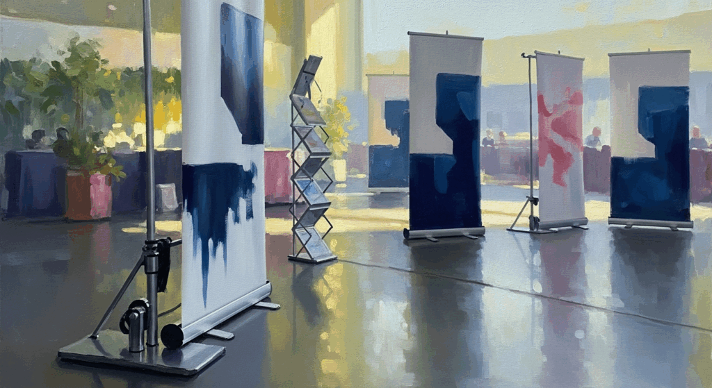 Professional retractable banner stands at trade show booth with literature holder and natural lighting.