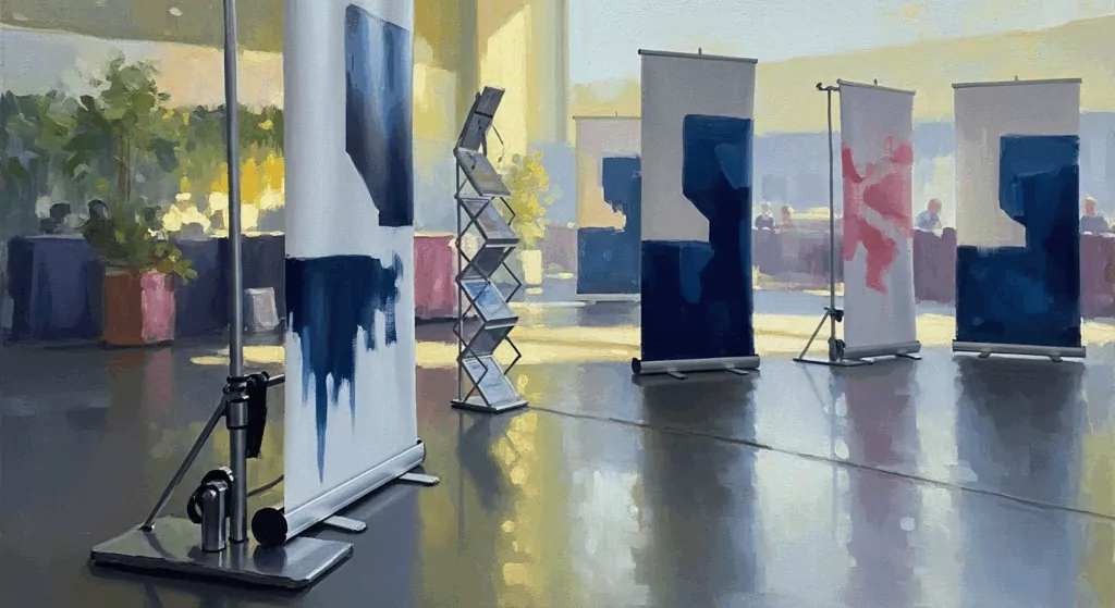 Professional retractable banner stands at trade show booth with literature holder and natural lighting.