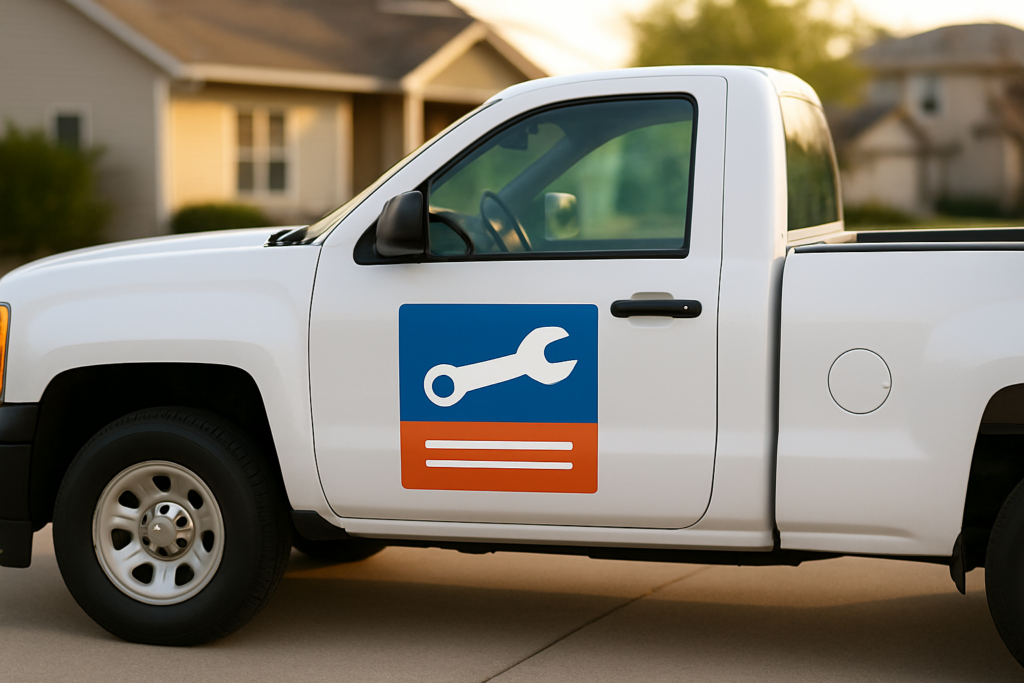 White pickup truck with magnetic car sign on door parked in suburban residential driveway for local business marketing