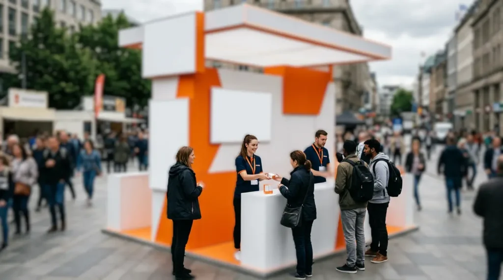 Brand ambassadors handing product samples to visitors at a brand activation booth during an outdoor event